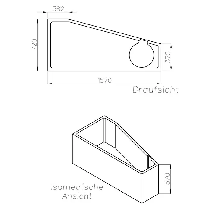 Ottofond Badewannenträger Bari Mod. A - Passend für: Badewanne Bari A 160 x 75 cm - Darstellung einer Badewanne mit Maßen und isometrischer Ansicht für Installationsdetails.