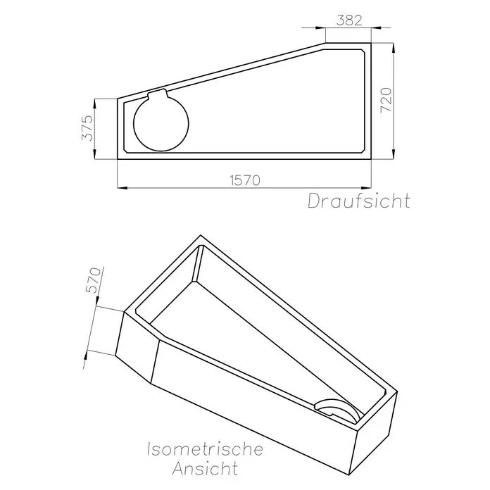Ottofond Badewannenträger Bari Mod. B - Passend für: Badewanne Bari B 160 x 75 cm - Schemazeichnung einer Badewanne mit Maßen, Draufsicht und isometrischer Ansicht. Die asymmetrische Form und die genauen Abmessungen sind klar erkennbar.