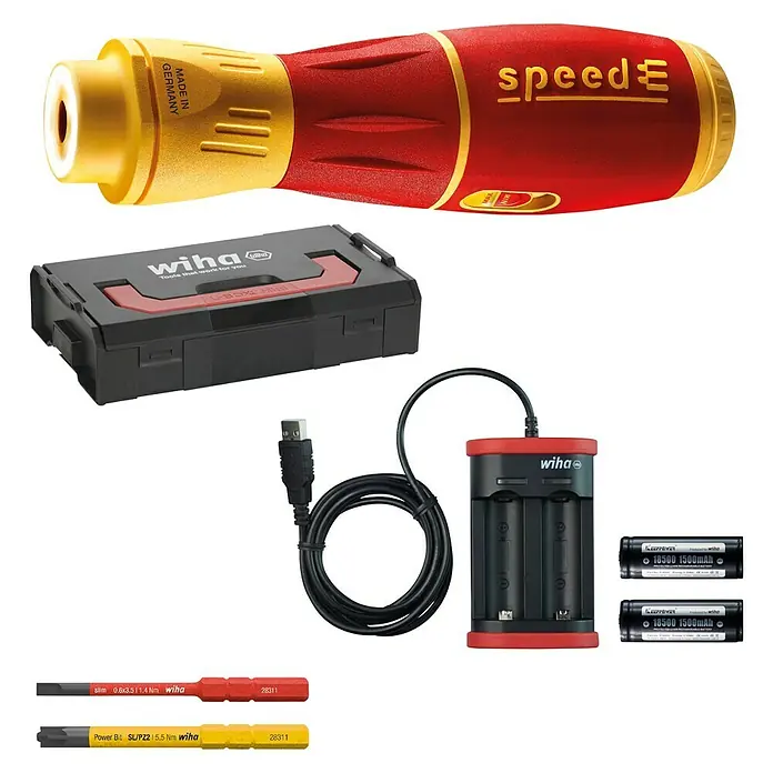 Wiha Elektronischer Schraubendreher speedE® II electric - 2 Akkus - Das Bild zeigt ein Wiha speedE® II E-Schraubendreher Set mit Zubehör, inklusive Ladegerät, Akkus, Bits und einer praktischen Aufbewahrungsbox.