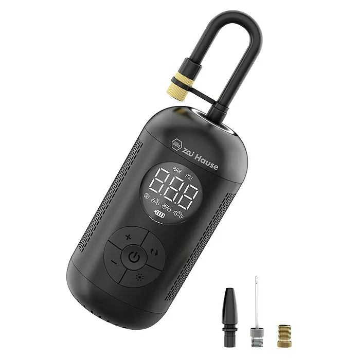 Wiha Akku-Luftpumpe - 6 -tlg., Max. Druck: 10 bar - Eine tragbare, schwarze Luftpumpe mit digitalem Display, geeignet für Fahrräder, Autos und Bälle. Inklusive verschiedener Aufsätze.