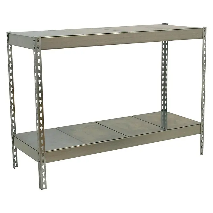 Simonrack Simontaller Schwerlastregal Ecoforte Metall - H x B x T: 90 x 120 x 45 cm, Traglast pro Boden: 400 kg, Anzahl Böden: 2 Stk., Stecken, Silber - Bild eines silberfarbenen Metallregals mit zwei Ablagen vor schwarzem Hintergrund. Das robuste Regal bietet viel Stauraum für Werkstatt, Lager oder Büro.