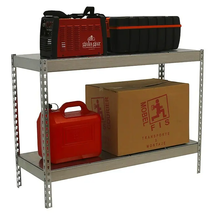 Simonrack Simontaller Schwerlastregal Ecoforte Metall - H x B x T: 90 x 120 x 45 cm, Traglast pro Boden: 400 kg, Anzahl Böden: 2 Stk., Stecken, Silber - Das Bild zeigt ein Regal mit verschiedenen Gegenständen, darunter eine Schweißmaschine, eine Box, einen Kanister und einen Karton.