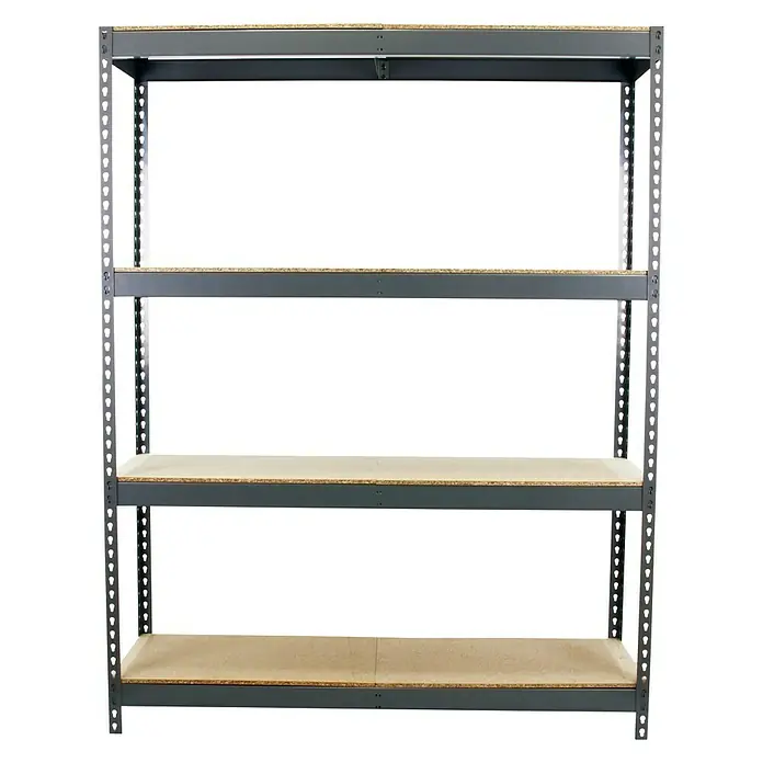 Simonrack Simonforte Schwerlastregal Simonforte Chipboard - H x B x T: 200 x 180 x 45 cm, Traglast pro Boden: 600 kg, Anzahl Böden: 4 Stk., Stecken, Grau - Abbildung eines leeren grauen Regalsystems mit vier Ebenen und hellbraunen Regalböden, ideal für Lagerung.