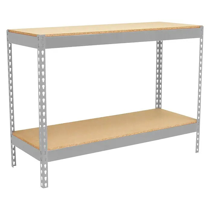 Simonrack Simonwork Werkbank Basic 2 - L x B: 60 x 120 cm, Arbeitshöhe: 90 cm, Belastbarkeit: 1.200 kg, Silber - Abbildung eines grauen Metallregals mit zwei Spanplattenböden vor einem schwarzen Hintergrund. Praktische Aufbewahrungslösung.