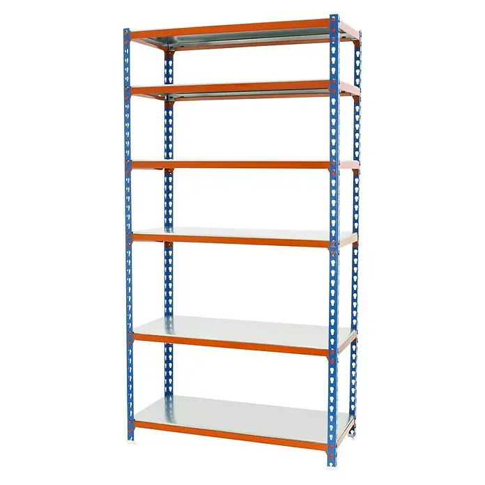 Simonrack Simonclick Metallregal Simonclick Super Plus - H x B x T: 250 x 110 x 30 cm, Traglast pro Boden: 200 kg, Anzahl Böden: 6 Stk., Stecken, Blau/Orange/Silber - Ein blau-oranges Schwerlastregal mit sechs Regalböden. Ideal für Lagerung in Garage oder Keller.