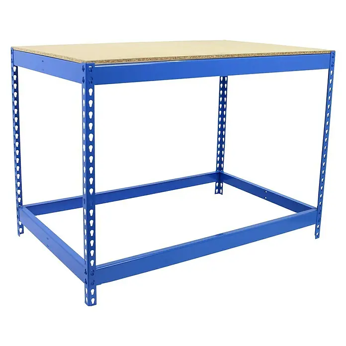Simonrack Simonwork Werkbank Basic 1 - L x B: 75 x 120 cm, Arbeitshöhe: 90 cm, Belastbarkeit: 400 kg, Blau - Dieses Bild zeigt einen robusten blauen Werkstatttisch mit einer Holzplatte, ideal für Werkstätten oder Garagen zur Lagerung von Werkzeugen.