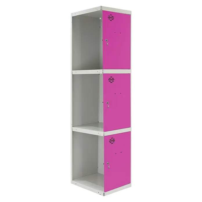 Simonrack Simonlocker Taquilla Doors Adicional Desmontada - Ancho: 30 cm, Número de puertas: 3 ud., Gris/Rosa - Taquilla con tres compartimentos. La taquilla tiene compartimentos abiertos en el lado izquierdo y puertas rosas con llaves en el lado derecho.