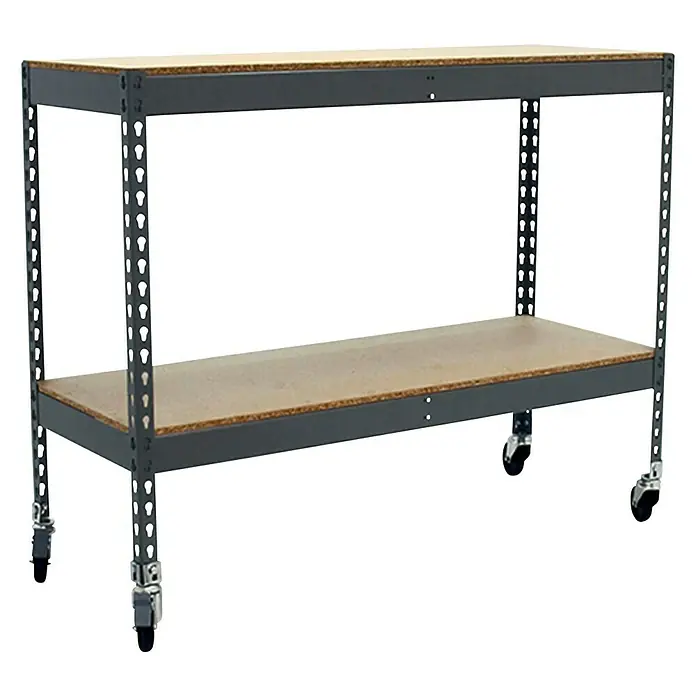Simonrack Simontaller Metallregal Ecoforte Chipboard Mobil - H x B x T: 97,5 x 120 x 45 cm, Traglast pro Boden: 75 kg, Anzahl Böden: 2 Stk., Stecken, Grau, Rollen - Ein Bild von einem fahrbaren Werkzeugtisch mit zwei Regalböden und einem stabilen Stahlrahmen mit praktischen Rollen für den flexiblen Einsatz.