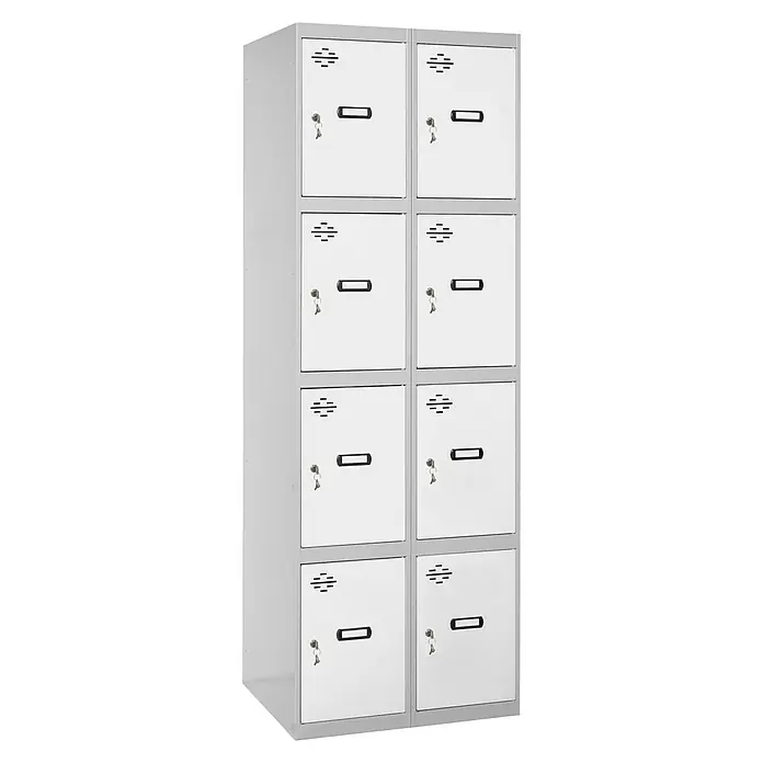 Simonrack Simonlocker Taquilla locker Prof. Doors - L x An x Al: 50 x 80 x 180 cm, Número de puertas: 8 ud., Gris/Blanco - Fotografía de un casillero gris con ocho compartimentos y llaves.