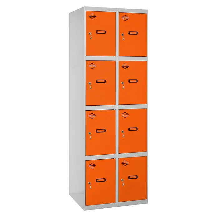 Simonrack Simonlocker Taquilla locker Prof. Doors - L x An x Al: 50 x 60 x 180 cm, Número de puertas: 8 ud., Gris/Naranja - Taquillas naranjas con marcos grises y llaves en las puertas. Solución de almacenamiento práctica para escuelas o lugares de trabajo.
