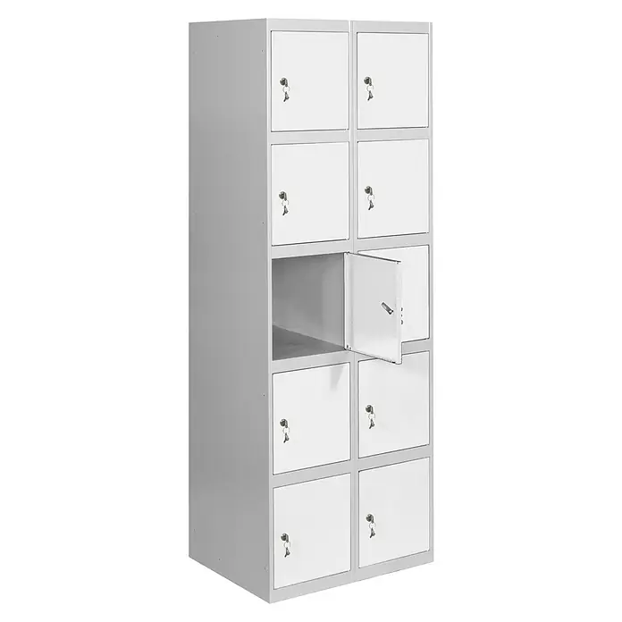 Simonrack Simonlocker Taquilla locker Prof. Doors - L x An x Al: 50 x 60 x 180 cm, Gris/Blanco, Número de puertas: 10 ud. - Un armario de taquillas gris con 10 compartimentos, uno de los cuales está abierto y hay llaves en las puertas.
