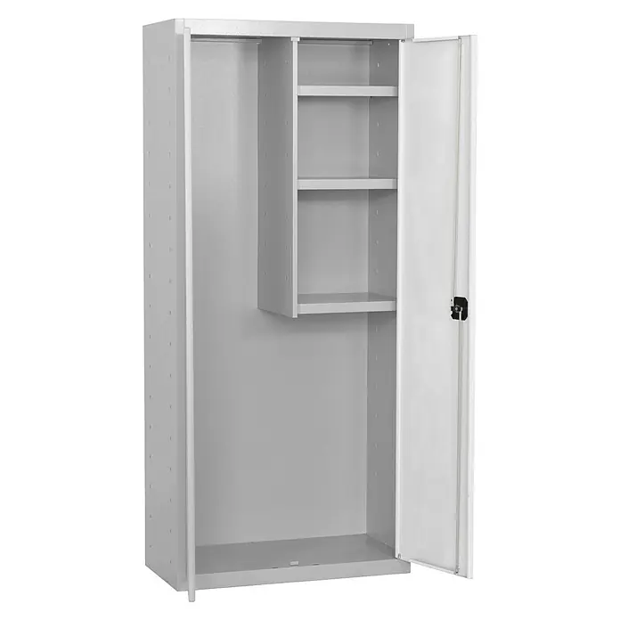 Simonrack Simonlocker Armario multiusos metálico Cleaning - L x An x Al: 40 x 80 x 180 cm, Número de puertas: 2 ud., Gris/Blanco - Un armario gris de puerta batiente abierta con estantes y una barra para perchas de ropa. Muy práctico y espacioso.