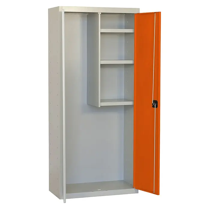 Simonrack Simonlocker Armario multiusos metálico Cleaning - L x An x Al: 40 x 80 x 180 cm, Número de puertas: 2 ud., Gris/Naranja - Un armario metálico abierto con estantes y una puerta naranja. Práctico para oficina o taller.