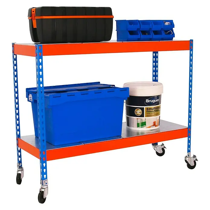Simonrack Simontaller Metallregal Ecoforte Metall Mobil - H x B x T: 97,5 x 120 x 75 cm, Traglast pro Boden: 75 kg, Anzahl Böden: 2 Stk., Stecken, Blau/Orange, Rollen - Regalwagen mit Werkzeugkiste, Aufbewahrungsboxen und Farbeimer, ideal für Werkstatt oder Lager.