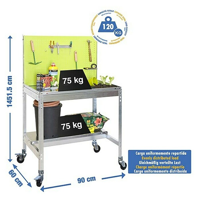 Simonrack Simongarden Banco de trabajo BT2 Mobile (L x An: 60 x 90 cm, Altura de trabajo: 155,5 cm, Carga soportada: 120 kg, Verde/Galvanizado) | BAUHAUS