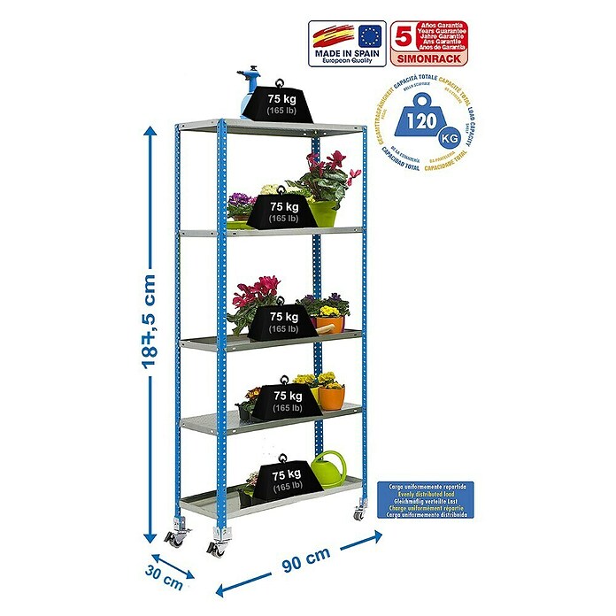 Simonrack Simongarden Estantería metálica Comfort Mobile (Al x An x Pr: 187,5 x 90 x 30 cm, Capacidad de carga: 375 kg, Número de baldas: 5 ud., Atornillado, Azul/Galvanizado) | BAUHAUS