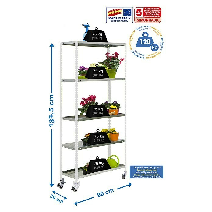 Simonrack Simongarden Estantería metálica Comfort Mobile (Al x An x Pr: 187,5 x 90 x 30 cm, Número de baldas: 5 ud., Atornillado, Blanco/Galvanizado) | BAUHAUS