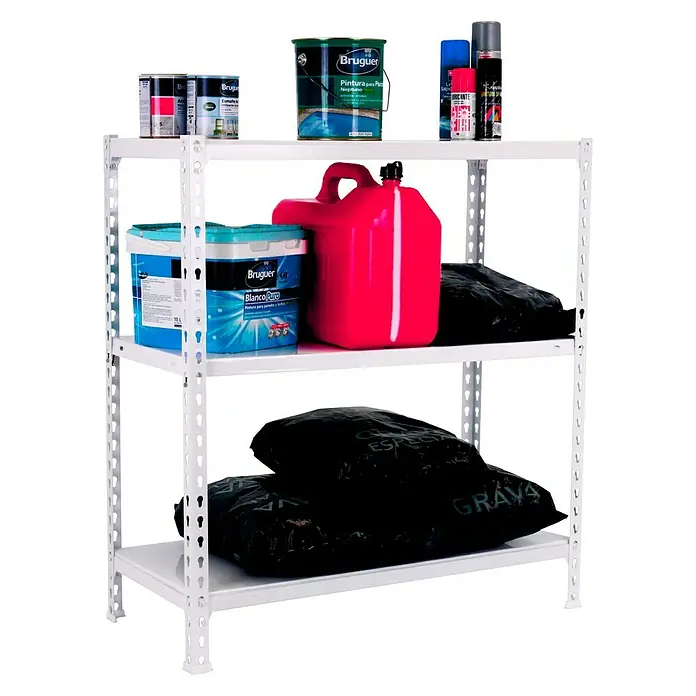Simonrack Simonclick Metallregal Ecoclick - H x B x T: 90 x 90 x 40 cm, Traglast pro Boden: 70 kg, Anzahl Böden: 3 Stk., Stecken, Weiß - Ein weißes Regal mit drei Ablagen, gefüllt mit verschiedenen Farben, Kanistern und Säcken, präsentiert ein Sortiment an Werkstattbedarf.