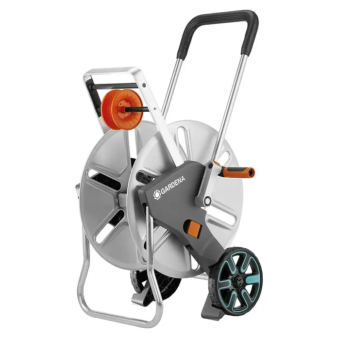 Gardena Schlauchwagen CleverRoll L Easy - Metall, Schlauchkapazität: 100 m, 13 mm (½″) - Gartenschlauchwagen mit grauem Kunststoffteil und silbernen Metallelementen, ideal für die ordentliche Aufbewahrung und den Transport von Gartenschläuchen.
