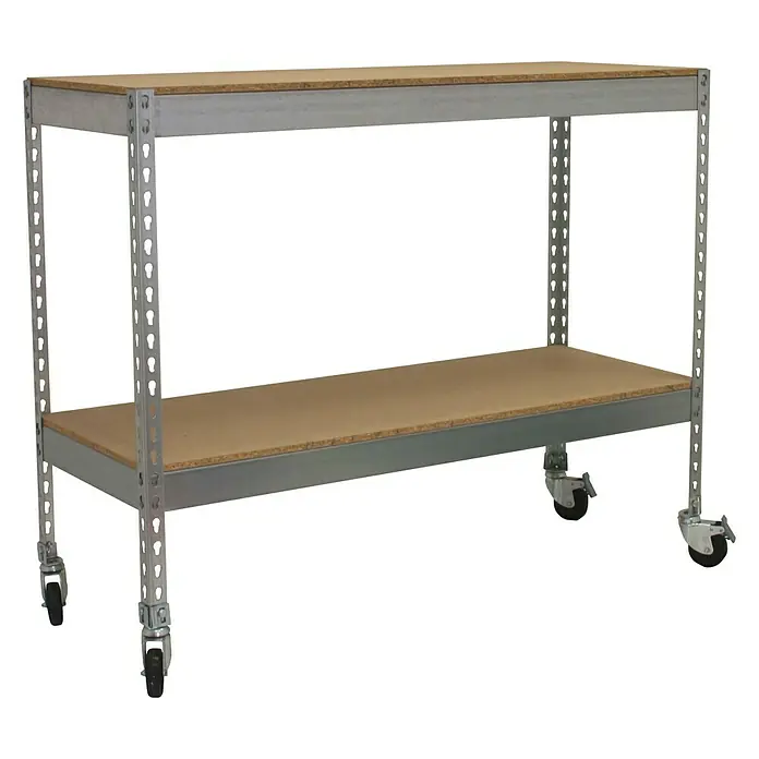 Simonrack Simontaller Metallregal Ecoforte Chipboard Mobil - H x B x T: 97,5 x 120 x 60 cm, Traglast pro Boden: 75 kg, Anzahl Böden: 2 Stk., Stecken, Silber, Rollen - Ein stabiler Werkzeugtisch mit zwei Ablageflächen und Rollen für einfachen Transport. Perfekt für Werkstatt und Hobbyraum.