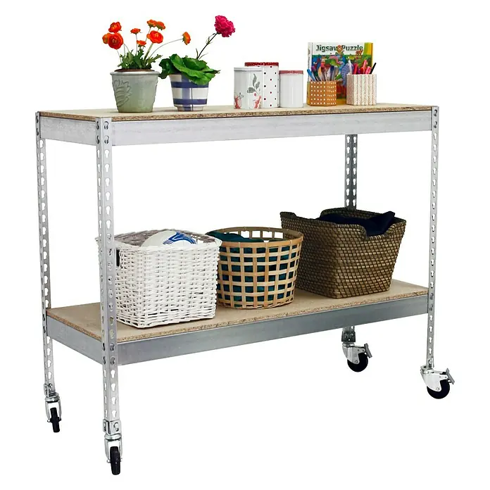 Simonrack Simontaller Estantería metálica Chipboard Mobile - Al x An x Pr: 97,5 x 120 x 45 cm, Capacidad de carga por balda: 75 kg, Número de baldas: 2 ud., Inserción, Galvanizado, Ruedas - Carro con dos estantes, lleno de flores, objetos decorativos y cestas, ideal para almacenamiento y decoración flexibles.