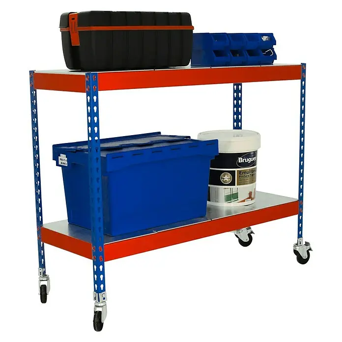 Simonrack Simontaller Estantería metálica Metal Mobile - Al x An x Pr: 97,5 x 120 x 45 cm, Capacidad de carga por balda: 75 kg, Número de baldas: 2 ud., Inserción, Azul/Naranja, Ruedas - Carro de taller con caja de herramientas, caja de clasificación y bote de pintura. Solución práctica de almacenamiento para taller o garaje, ideal para artesanos.