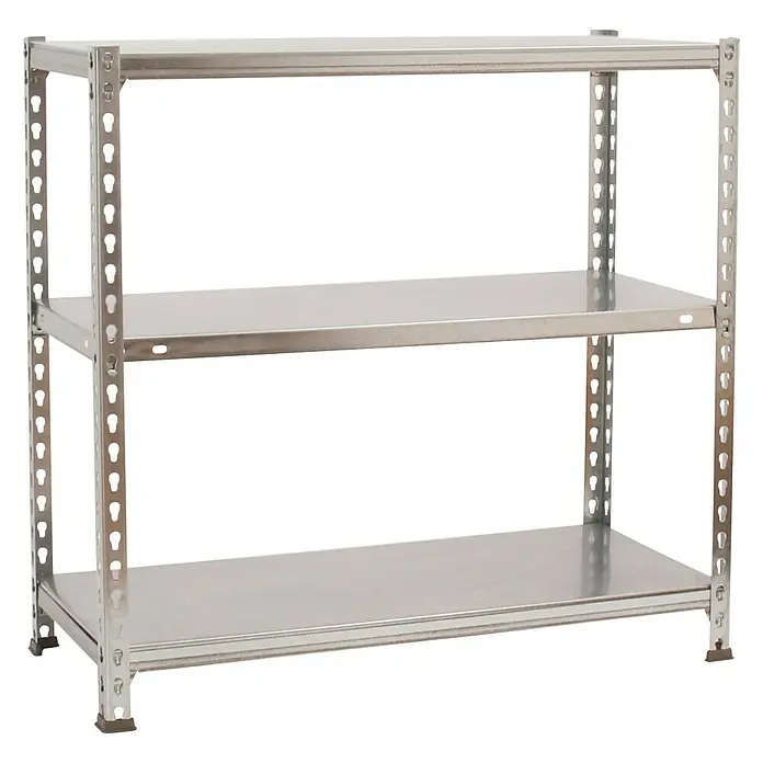 Simonrack Simonclick Metallregal Ecoclick SuperPlus - H x B x T: 90 x 110 x 50 cm, Traglast pro Boden: 70 kg, Anzahl Böden: 3 Stk., Stecken, Silber - Abbildung eines silberfarbenen Metallregals mit drei Ablagen.