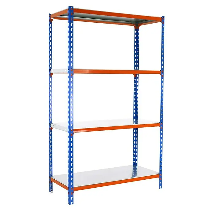 Simonrack Simonclick Metallregal Simonclick Plus - H x B x T: 150 x 100 x 30 cm, Traglast pro Boden: 180 kg, Anzahl Böden: 4 Stk., Stecken, Blau/Orange/Silber - Abbildung eines Metallregals mit vier Ebenen, orangefarbenen Rahmen und blauen Pfosten für Lagerzwecke.