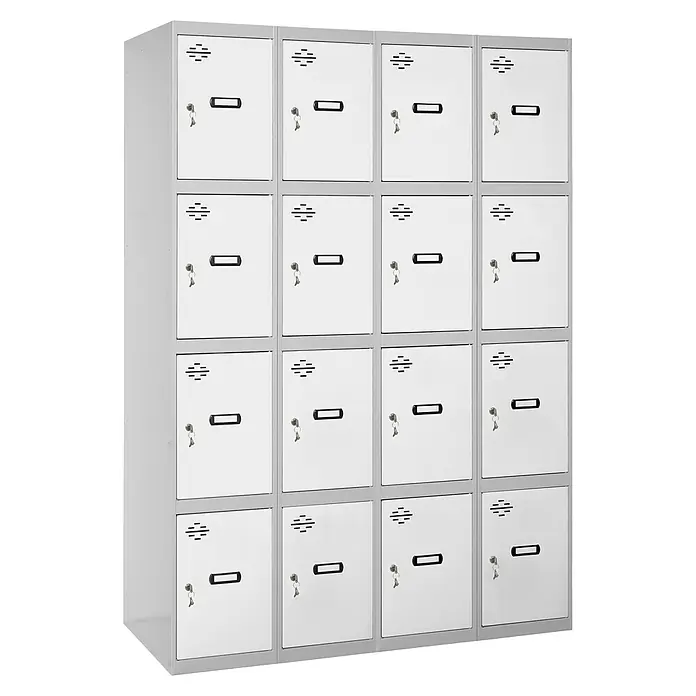 Simonrack Simonlocker Taquilla locker Prof. Doors - L x An x Al: 50 x 120 x 180 cm, Gris/Blanco, Número de puertas: 16 ud. - Imagen de un sistema de taquillas, con múltiples compartimentos, cada uno equipado con cerraduras y ranuras de ventilación.