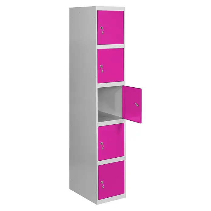 Simonrack Simonlocker Taquilla locker Prof. Doors - L x An x Al: 50 x 30 x 180 cm, Gris/Rosa, Número de puertas: 5 ud. - Armario con cinco compartimentos, marco plateado y puertas rosas. Un compartimento está abierto y los demás cerrados.