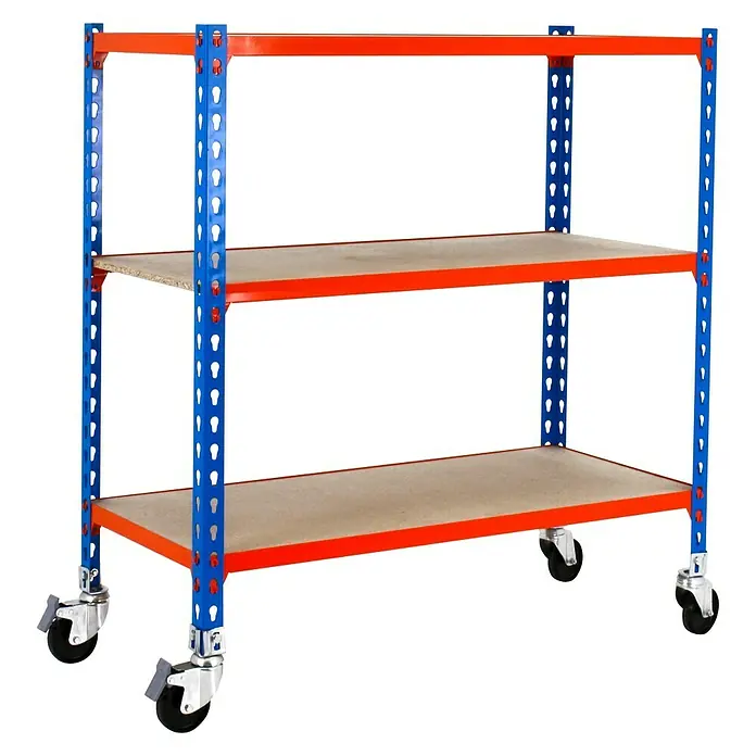 Simonrack Maderclick Estantería metálica Mobile Superplus - Al x An x Pr: 97,5 x 110 x 40 cm, Número de baldas: 3 ud., Inserción, Azul/Naranja - Carro de almacenamiento móvil con tres estantes.