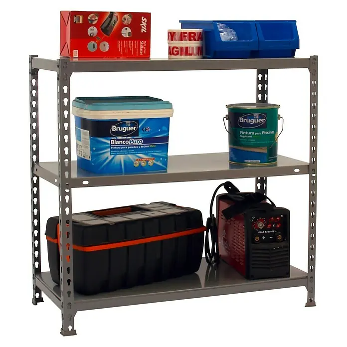 Simonrack Simonclick Metallregal Ecoclick - H x B x T: 90 x 90 x 50 cm, Traglast pro Boden: 70 kg, Anzahl Böden: 3 Stk., Stecken, Grau - Ein Regal mit Werkzeugen und Farben, darunter Skil-Werkzeuge, Bruguer-Farben und eine Werkzeugkiste.