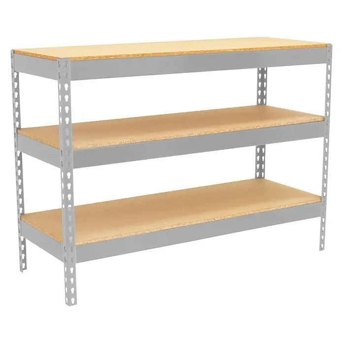 Simonrack Simonwork Werkbank Basic 3 - L x B: 60 x 120 cm, Arbeitshöhe: 90 cm, Belastbarkeit: 1.200 kg, Silber - Bild eines grauen Metallregals mit drei Regalböden aus hellem Holz, ideal zur Lagerung.