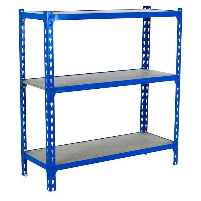 Simonrack Maderclick Metallregal Maderclick - H x B x T: 100 x 90 x 50 cm, Traglast pro Boden: 150 kg, Anzahl Böden: 3 Stk., Stecken, Blau - Dieses Bild zeigt ein blaues Lagerregal mit drei Ablagen. Ideal für die Organisation und Aufbewahrung in Lager oder Garage.