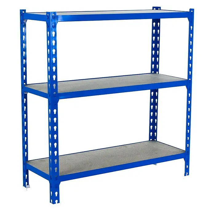 Simonrack Maderclick Metallregal Maderclick SuperPlus - H x B x T: 100 x 110 x 50 cm, Traglast pro Boden: 200 kg, Anzahl Böden: 3 Stk., Stecken, Blau - Ein blaues Regal mit drei grauen Regalböden, ideal für Lagerung und Organisation.