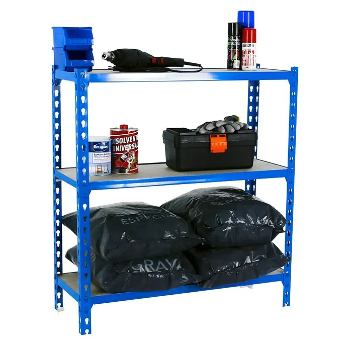 Simonrack Maderclick Metallregal Maderclick SuperPlus - H x B x T: 100 x 110 x 50 cm, Traglast pro Boden: 200 kg, Anzahl Böden: 3 Stk., Stecken, Blau - Ein blauer Metallregal mit Werkzeugen, Farben und Säcken, ideal für Garage oder Werkstatt. Optimale Lagerlösung für Ordnung.