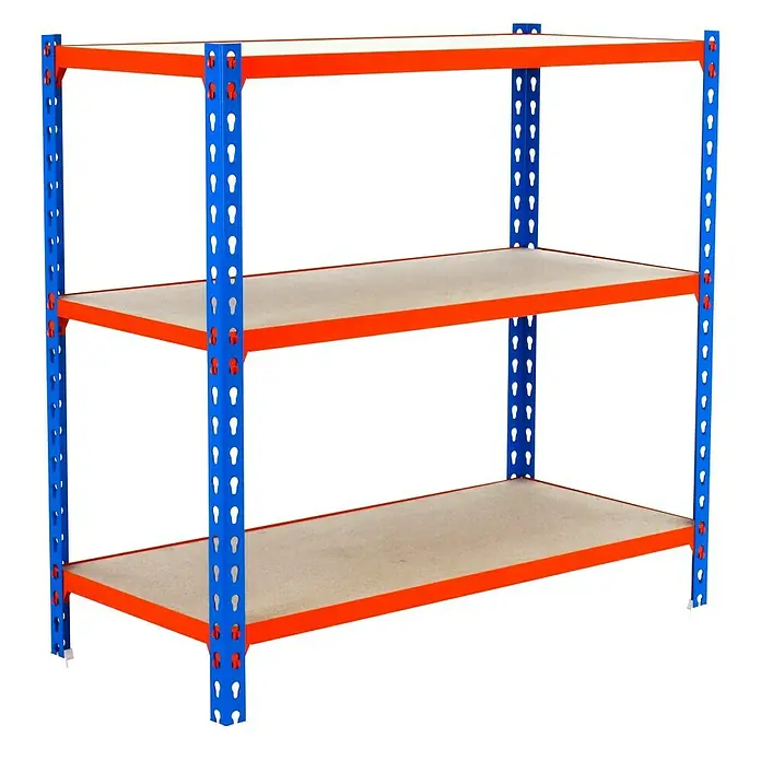 Simonrack Maderclick Metallregal Maderclick SuperPlus - H x B x T: 100 x 110 x 50 cm, Traglast pro Boden: 200 kg, Anzahl Böden: 3 Stk., Stecken, Blau/Orange - Dreiregales Lagerregal mit blauem Rahmen und drei Regalböden mit orangenen Rändern. Ideal zur Lagerung von Artikeln im Lager.