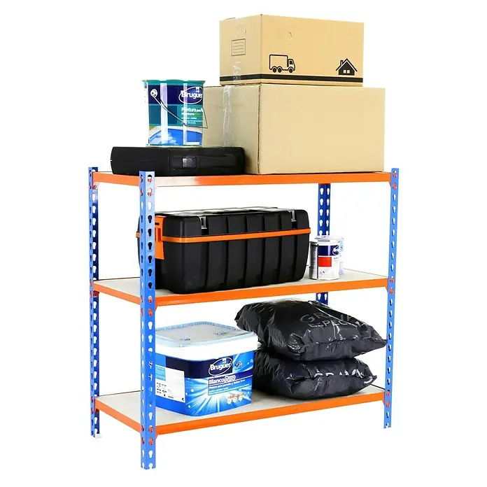 Simonrack Maderclick Metallregal Maderclick SuperPlus - H x B x T: 100 x 110 x 50 cm, Traglast pro Boden: 200 kg, Anzahl Böden: 3 Stk., Stecken, Blau/Orange - Regal mit Werkzeug und Farben.