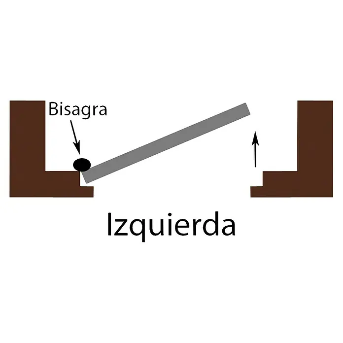 Solid Elements Puerta de entrada interior - 80 x 204 cm, Izquierda, Sapelly/Blanco lacado 400, Acorazada - Diagrama esquemático de una puerta con bisagras en el lado izquierdo, marcada con "Bisagra" que indica la ubicación de la bisagra.