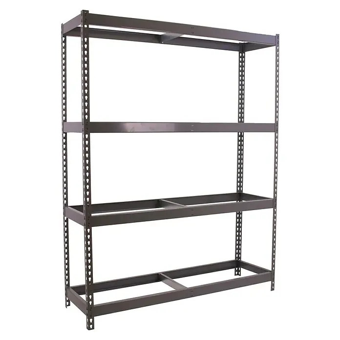 Simonrack Ecoforte Estantería para cargas pesadas Metal - Al x An x Pr: 200 x 150 x 45 cm, Número de baldas: 4 ud., Inserción, Gris, Capacidad de carga por balda: 400 kg, Bandejas no incluidas - Vista de un estante metálico de almacenamiento de cuatro niveles vacío, perfecto para organizar y guardar objetos en diversos entornos.