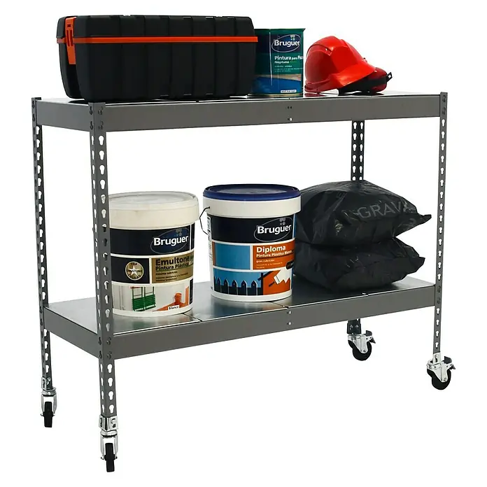 Simonrack Simontaller Metallregal Ecoforte Metall Mobil - H x B x T: 97,5 x 120 x 60 cm, Traglast pro Boden: 75 kg, Anzahl Böden: 2 Stk., Stecken, Grau, Rollen - Ein zweistöckiger Werkstattwagen mit Werkzeugkasten, Farbe und Sandsäcken, ideal für den Transport von Materialien.