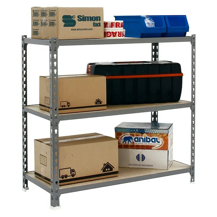 Simonrack Maderclick Metallregal Maderclick SuperPlus - H x B x T: 100 x 110 x 30 cm, Traglast pro Boden: 200 kg, Anzahl Böden: 3 Stk., Stecken, Grau - Ein dreistufiges Regal mit Kartons, Aufbewahrungsboxen und einer Werkzeugkiste, ideal für die Organisation von Lagerraum und Werkstatt.