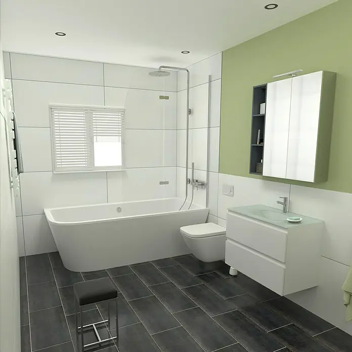 Camargue Espacio Badmöbel-Set G63 - 80 cm, Gama weiß glänzend - Ein modernes Badezimmer mit freistehender Badewanne, stilvollen Fliesen und einem schwebenden Waschtisch mit Spiegel für eine elegante Atmosphäre.