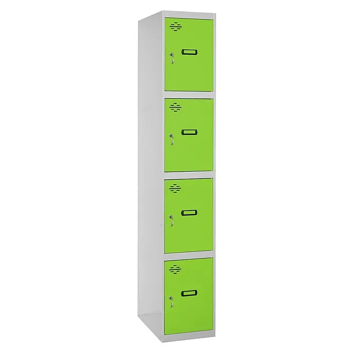 Simonrack Simonlocker Taquilla locker Prof. Doors - L x An x Al: 50 x 40 x 180 cm, Gris/Verde, Número de puertas: 4 ud. - Un casillero verde con cuatro compartimentos y un marco plateado, ideal para almacenamiento. Incluye llaves para cada compartimento.