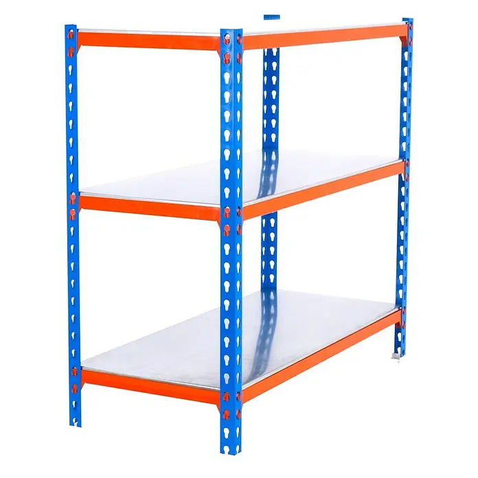 Simonrack Simonclick Metallregal Simonclick Super Plus - H x B x T: 100 x 110 x 30 cm, Traglast pro Boden: 200 kg, Anzahl Böden: 3 Stk., Stecken, Blau/Orange/Silber - Abbildung eines blauen und orangefarbenen Lagerregals mit drei Regalböden.