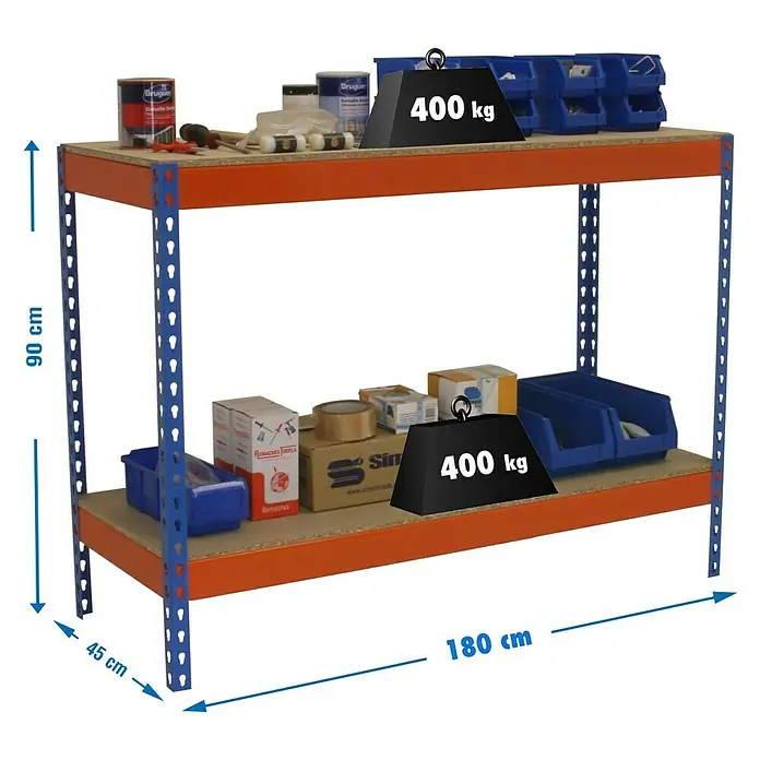 Simonrack Simonwork Werkbank Basic 2 - L x B: 45 x 180 cm, Arbeitshöhe: 90 cm, Belastbarkeit: 400 kg, Orange/Blau - Abbildung eines Regals mit zwei Ebenen, belastbar mit je 400 kg, ideal für Werkstatt oder Lager.