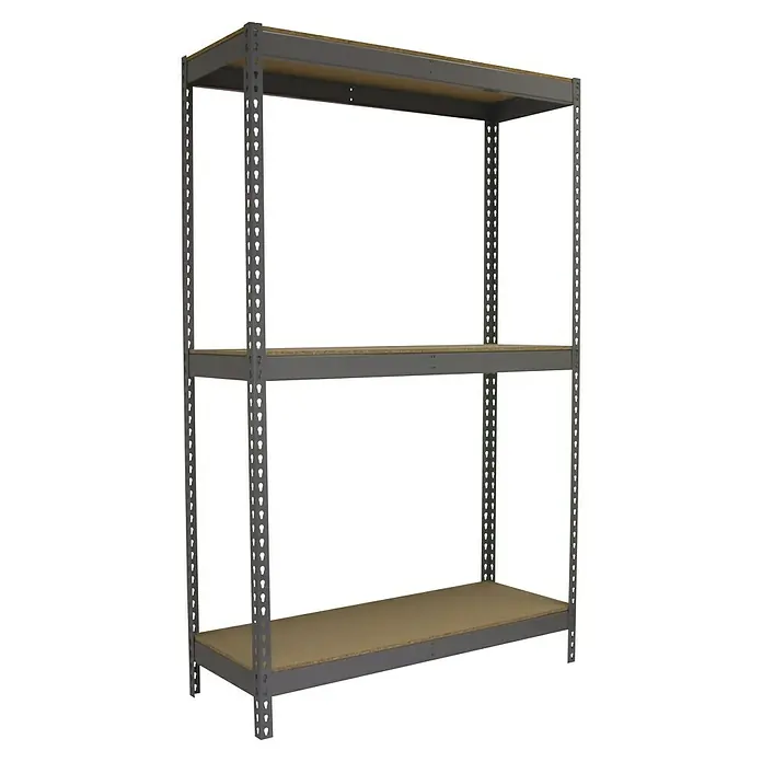 Simonrack Simonforte Schwerlastregal Simonforte Chipboard - H x B x T: 200 x 240 x 45 cm, Traglast pro Boden: 400 kg, Anzahl Böden: 3 Stk., Stecken, Grau - Regal mit drei grauen Metallregalen und Holzregalböden für Lagerzwecke.