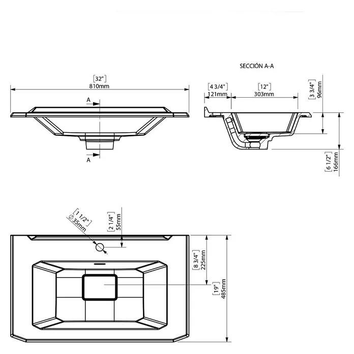 Creabath Lavabo empotrado MX8 - 48,5 x 81 x 16,6 cm, Orificios para grifo: Medio, Blanco, Brillante - Ilustración de un lavabo, mostrando dimensiones y secciones transversales para la visualización del tamaño del producto.