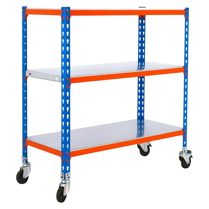 Simonrack Simonclick Estantería metálica Mobile Superplus - Al x An x Pr: 90 x 110 x 30 cm, Número de baldas: 3 ud., Inserción, Blanco - Imagen de un carro rodante azul y naranja con tres estantes.