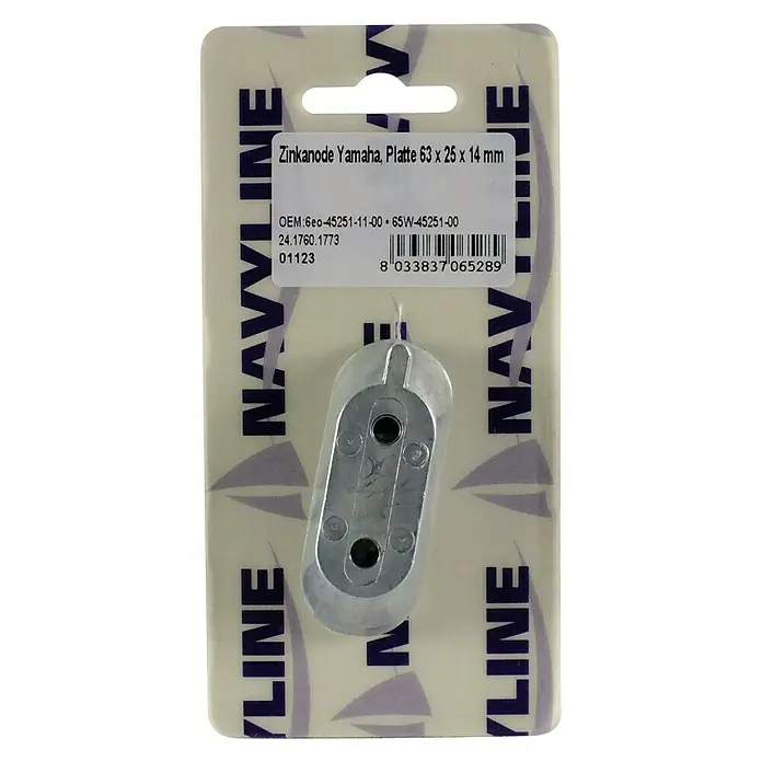 Opferanode - Zink, L x B x H: 63 x 25 x 14 mm, Salzwasser, Passend für: Yamaha & Selva Motoren - Zinkanode Yamaha Platte, 63 x 25 x 14 mm, auf einer Produktverpackung mit technischen Details und Barcode, für Bootswartung.